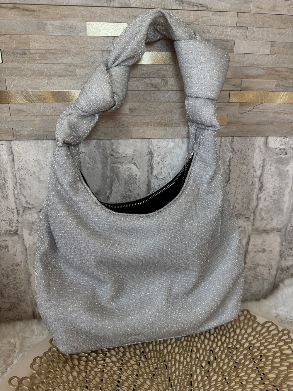 Sparkle Knot-Handle Hobo Bag - Silver